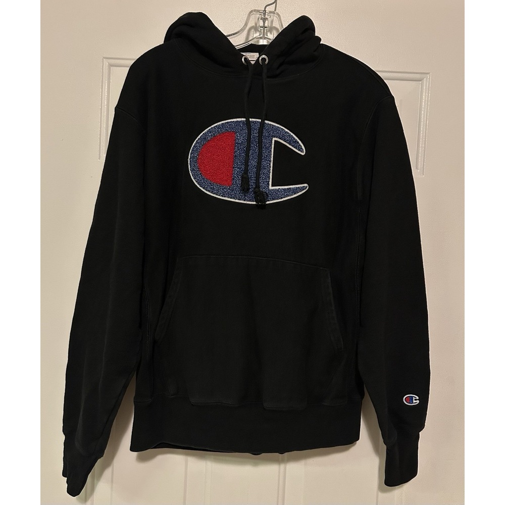 Champion Large Logo Men Size M Vintage Reverse Weave Thick Quality‎ Black Hoodie